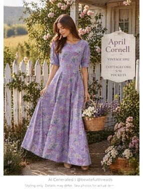 Vintage Lilac Floral Prairie Maxi Dress Cottagecore Pockets S/M